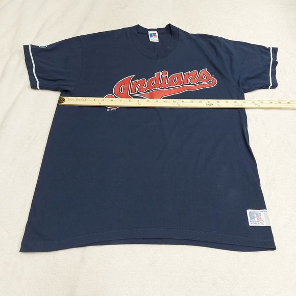 Vtg 90s Russell Athletic Cleveland Indians Navy Blue V-Neck T-Shirt Size Large - Picture 7 of 9